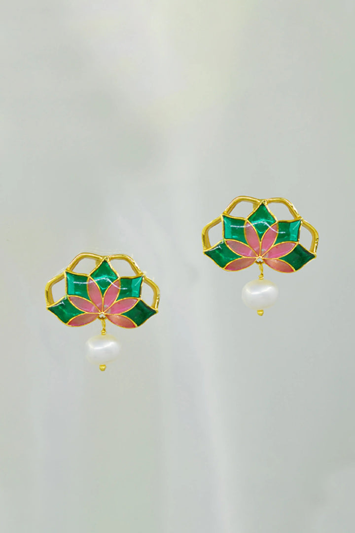 Gul Stud Earrings with Pearl - Emerald Green and Pink Meenakari Enamel