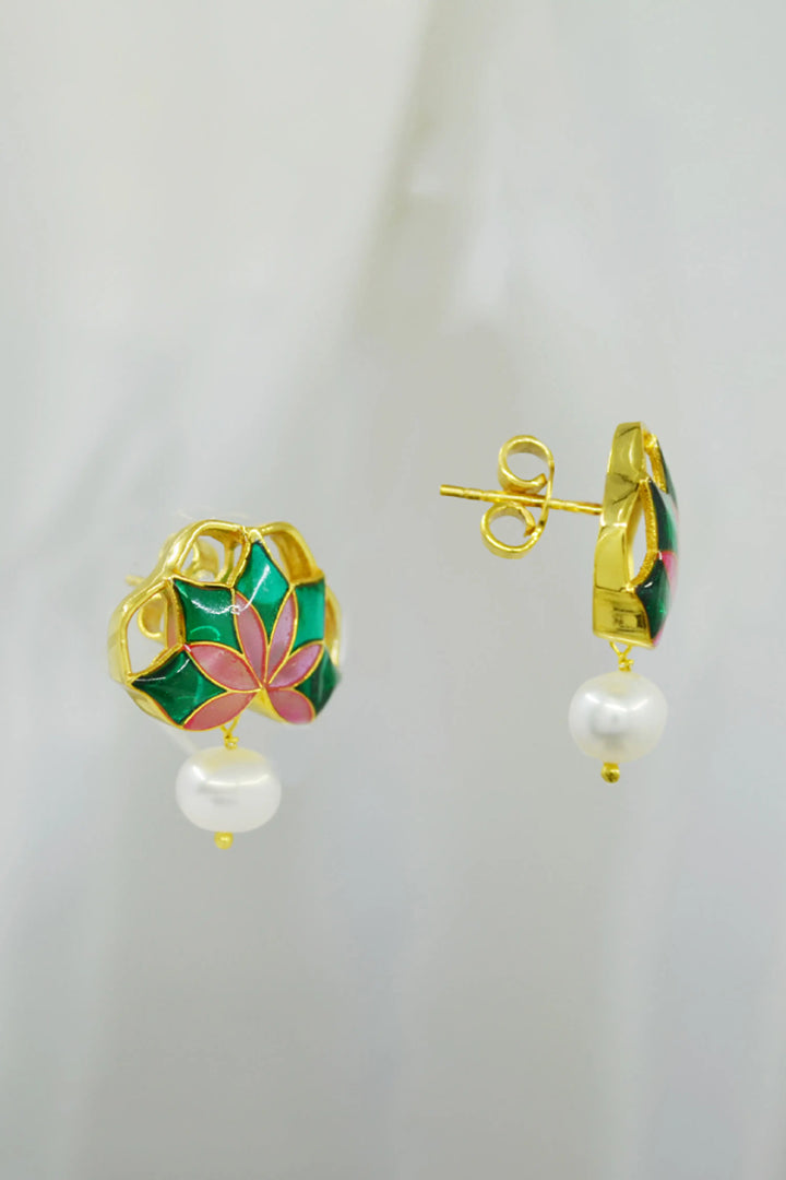 Gul Stud Earrings with Pearl - Emerald Green and Pink Meenakari Enamel