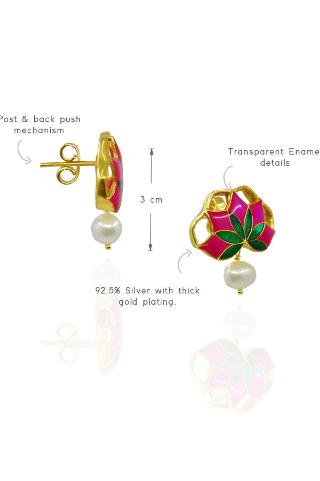 Gul Stud Earrings with Pearl - Hot Pink and Green Meenakari Enamel