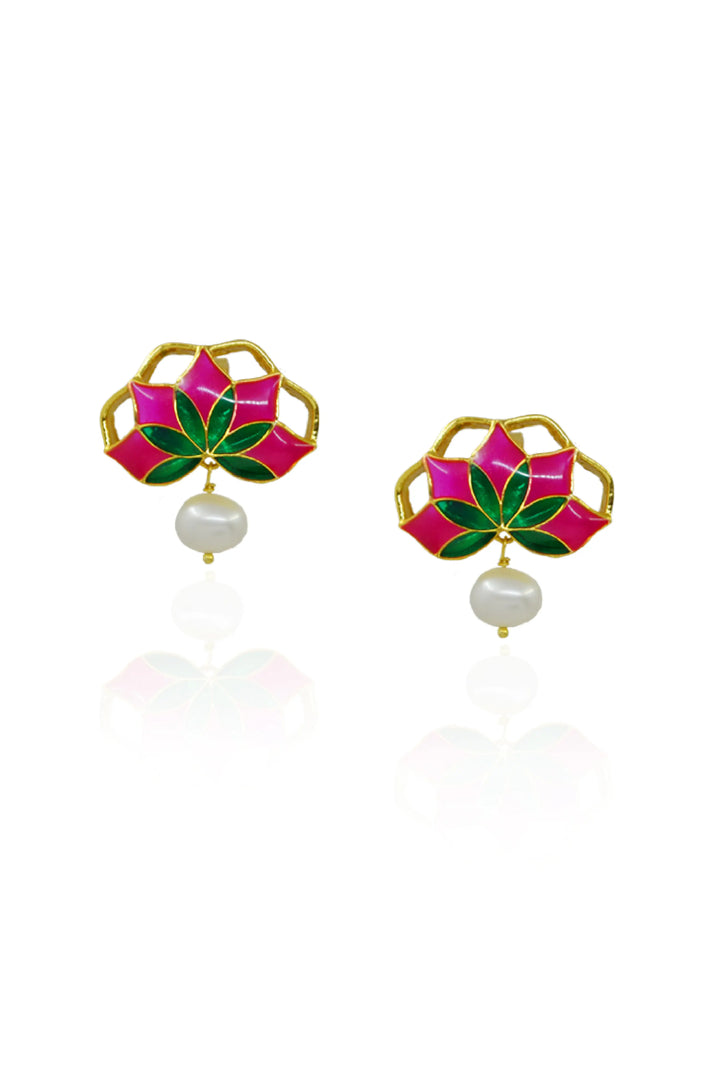 Gul Stud Earrings with Pearl - Hot Pink and Green Meenakari Enamel