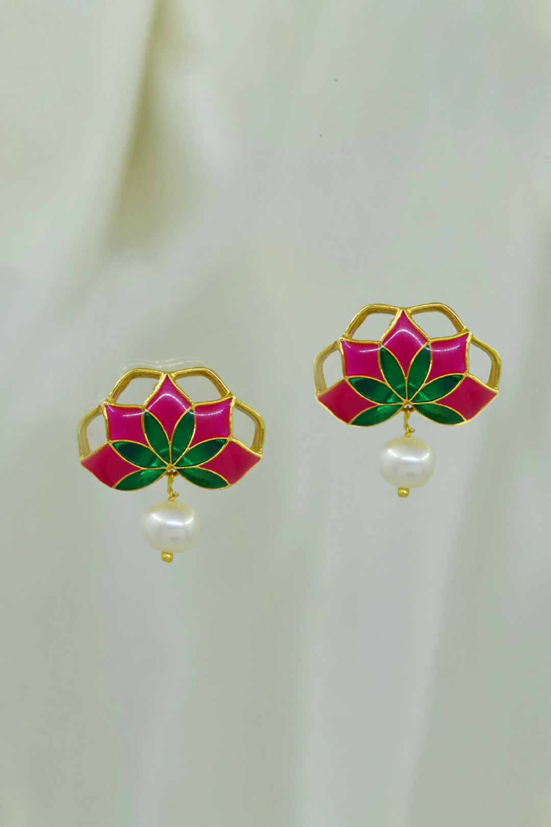 Gul Stud Earrings with Pearl - Hot Pink and Green Meenakari Enamel