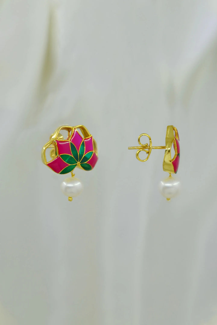 Gul Stud Earrings with Pearl - Hot Pink and Green Meenakari Enamel
