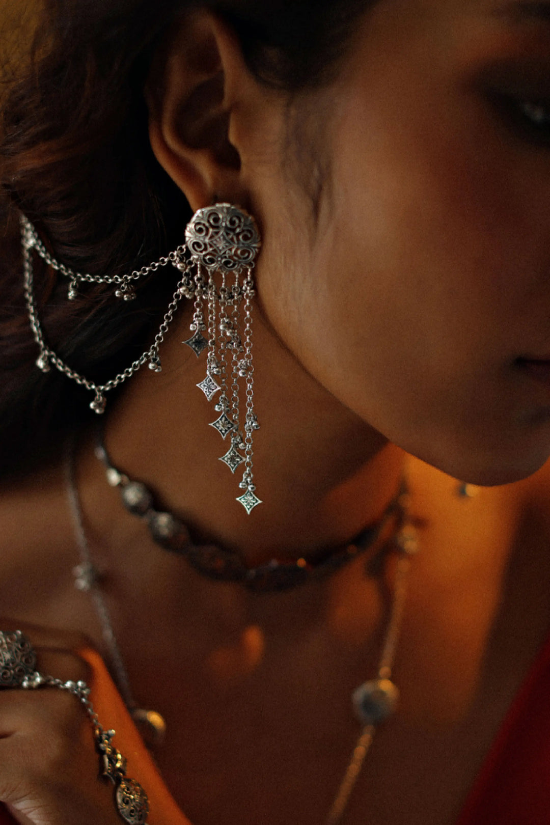 Thar Dhora Long Earrings - Silver Oxide Finish