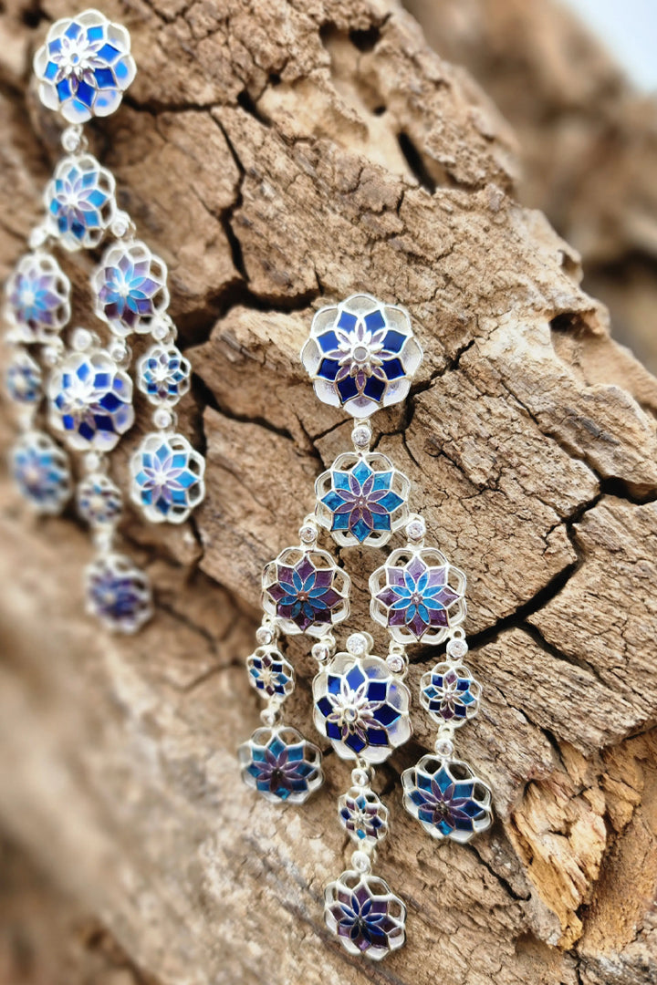 Gul 925 Silver Phool Earrings - Blue & Purple Minakari