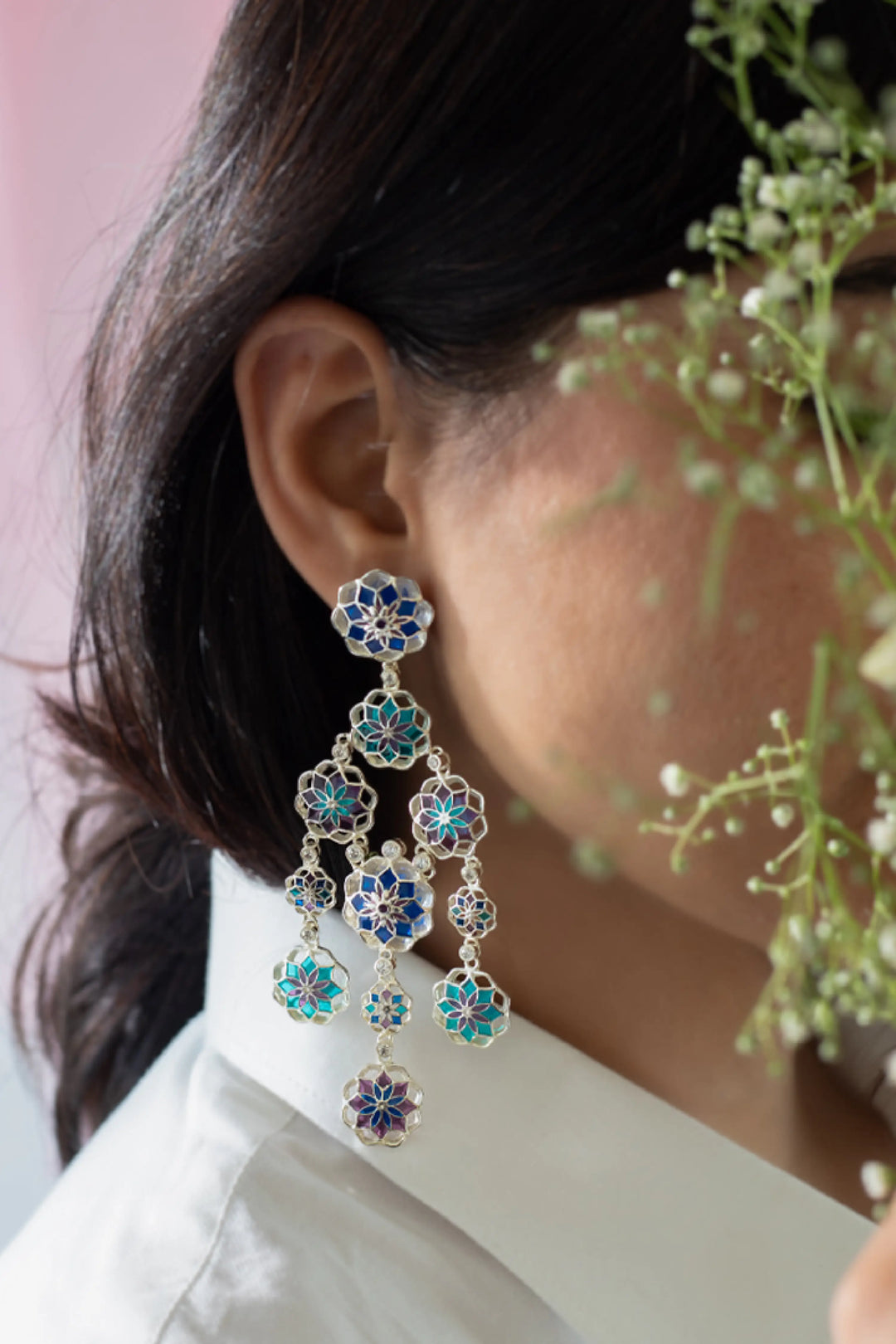 Gul 925 Silver Phool Earrings - Blue & Purple Minakari