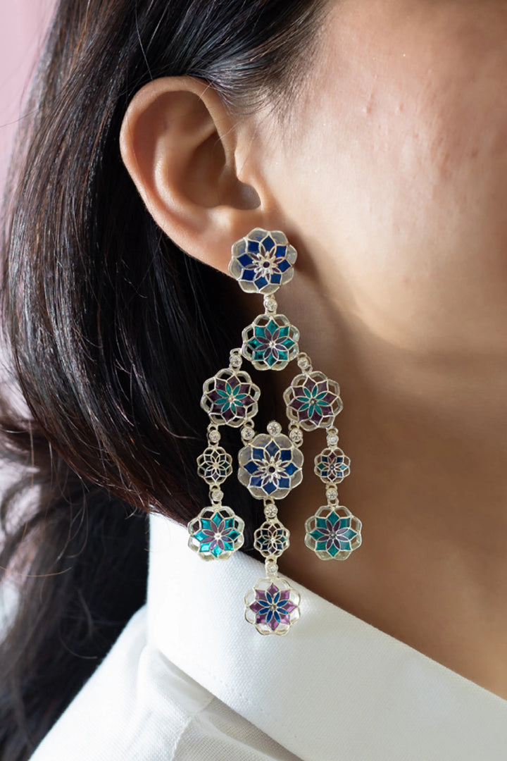 Gul 925 Silver Phool Earrings - Blue & Purple Minakari
