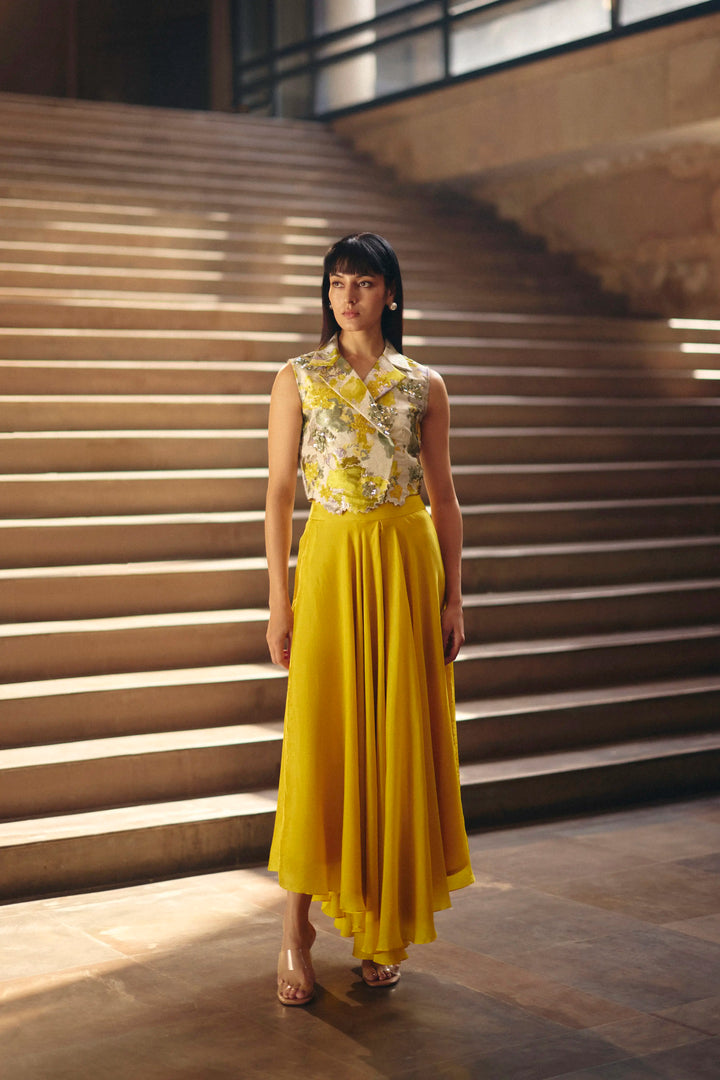 Yellow Jacquard Beaded Crop Jacket With Asymmetric Hem Flared Pants