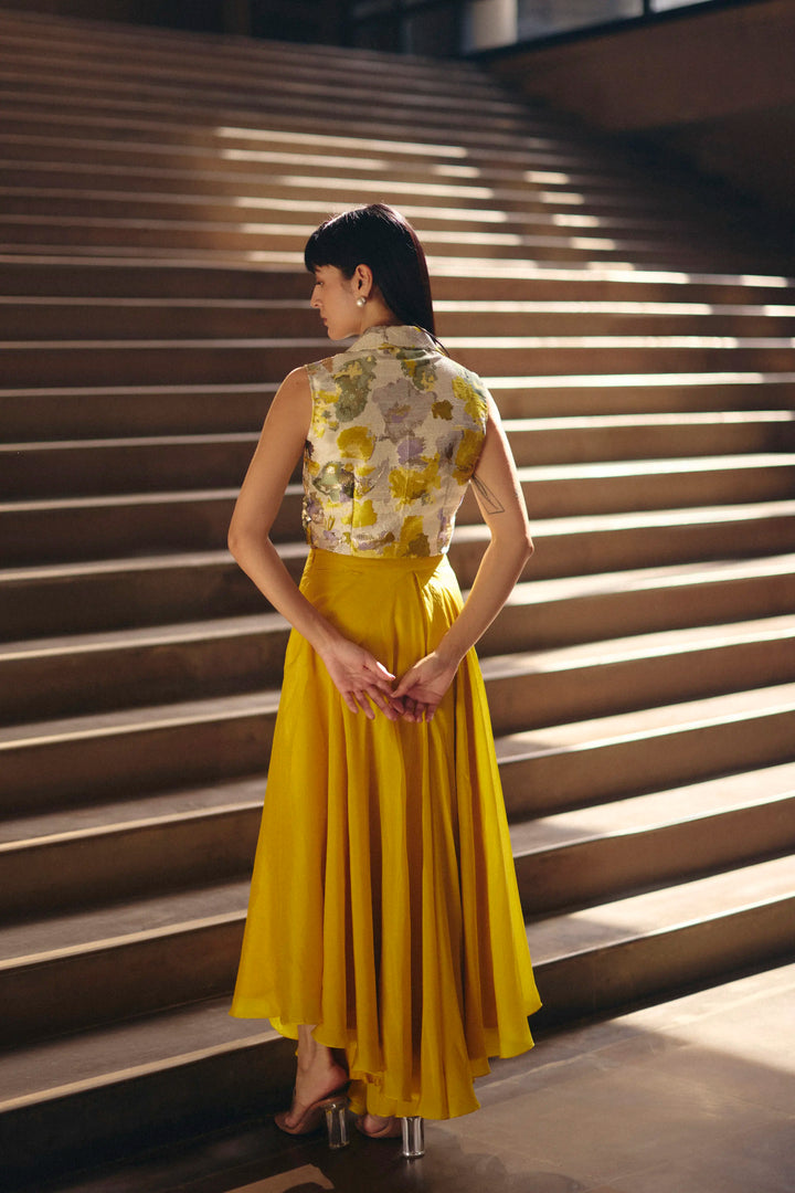 Yellow Jacquard Beaded Crop Jacket With Asymmetric Hem Flared Pants