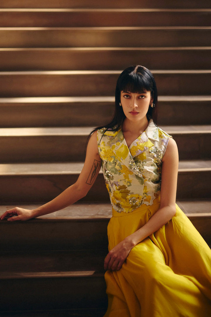 Yellow Jacquard Beaded Crop Jacket With Asymmetric Hem Flared Pants