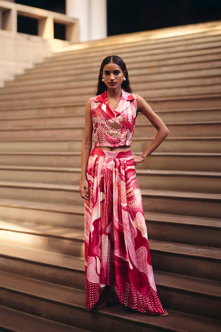 Pink Dreamwave Beaded Crop Jacket With Skirt