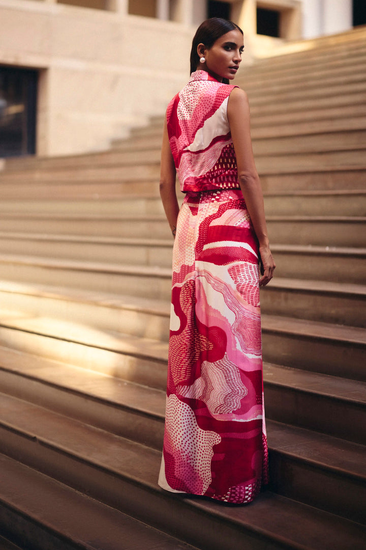 Pink Dreamwave Beaded Crop Jacket With Skirt