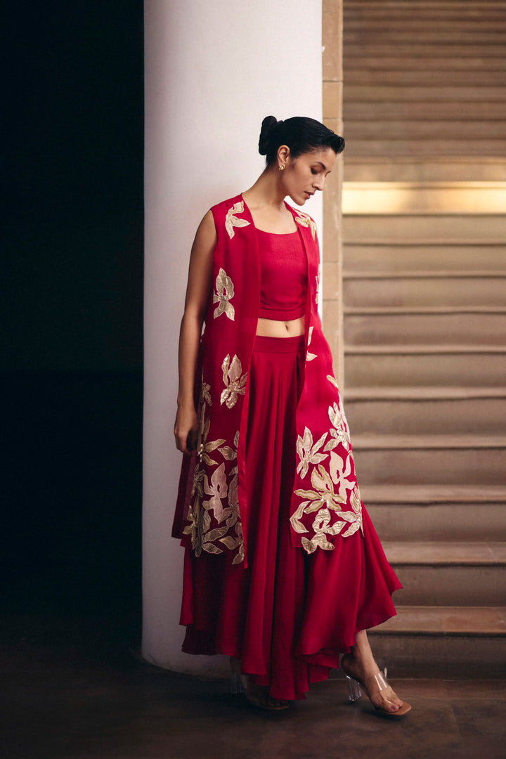 Red Magnolia Organza Jacket With Flare Pants Set