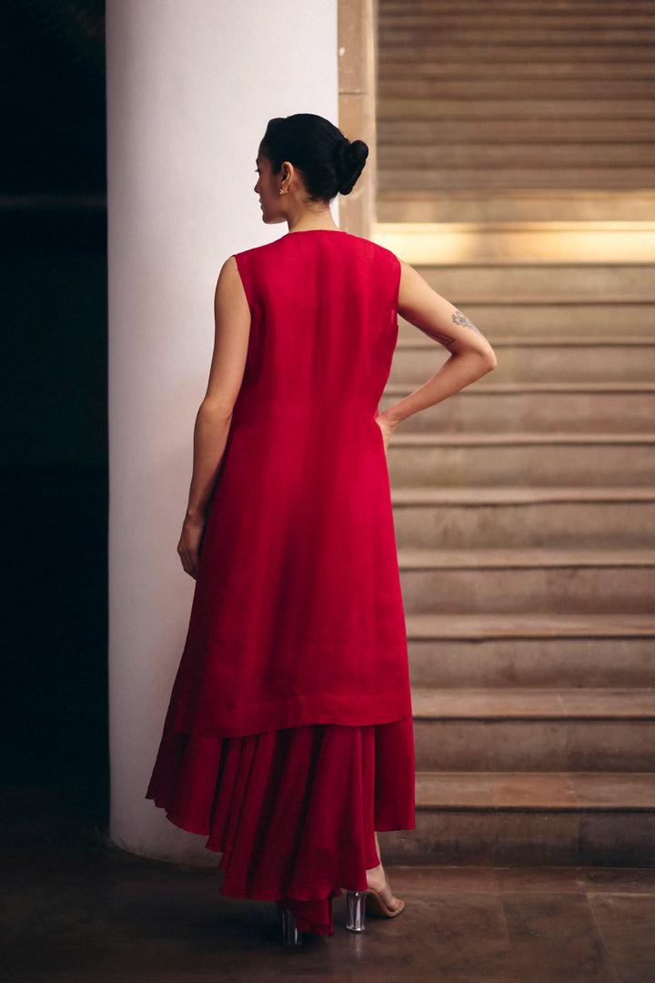 Red Magnolia Organza Jacket With Flare Pants Set