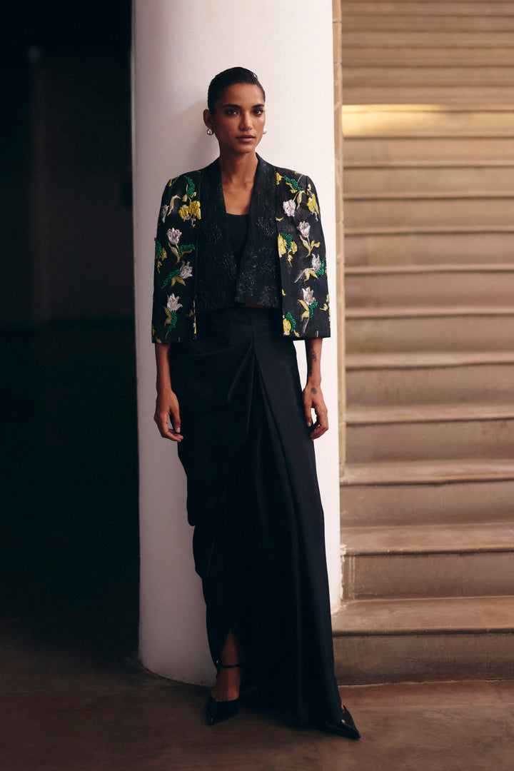 Black Jacquard Crop Jacket Set