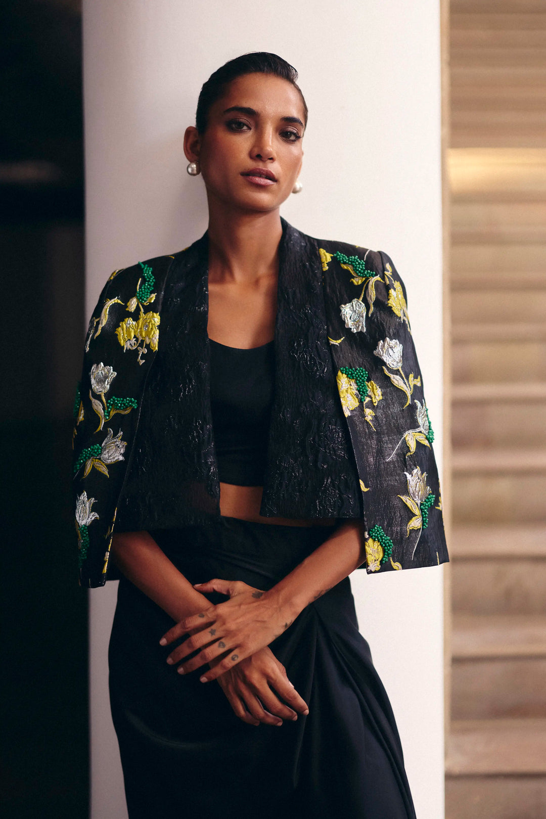 Black Jacquard Crop Jacket Set