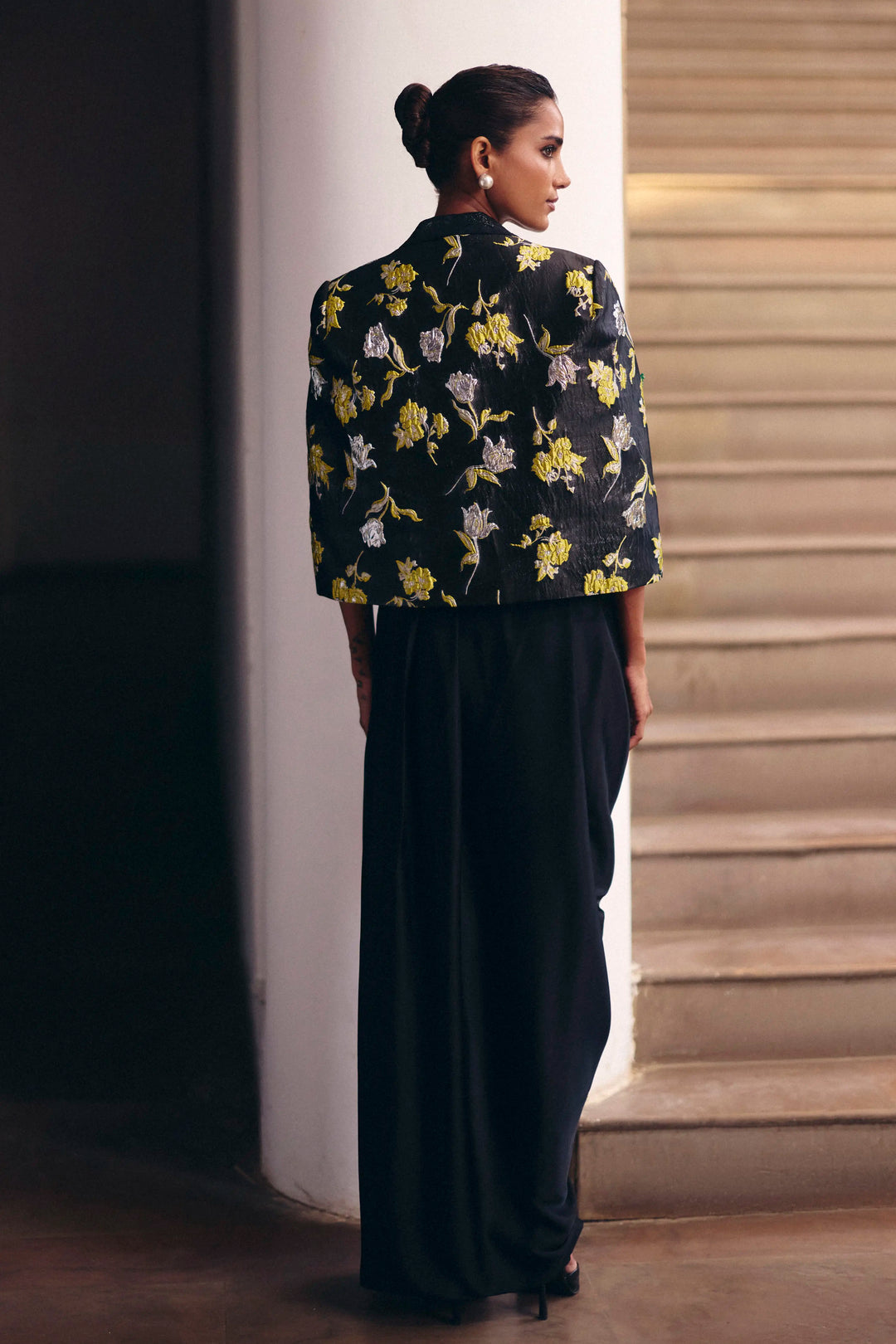Black Jacquard Crop Jacket Set