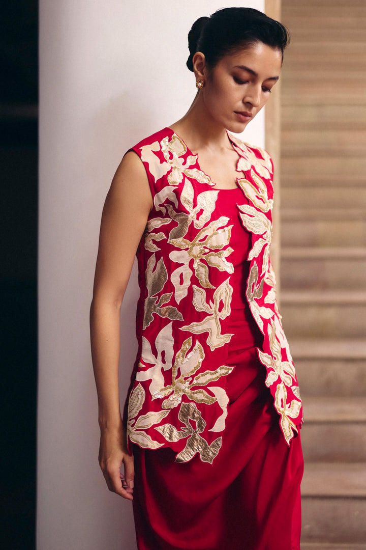 Red Magnolia Jacket With Slit Skirt