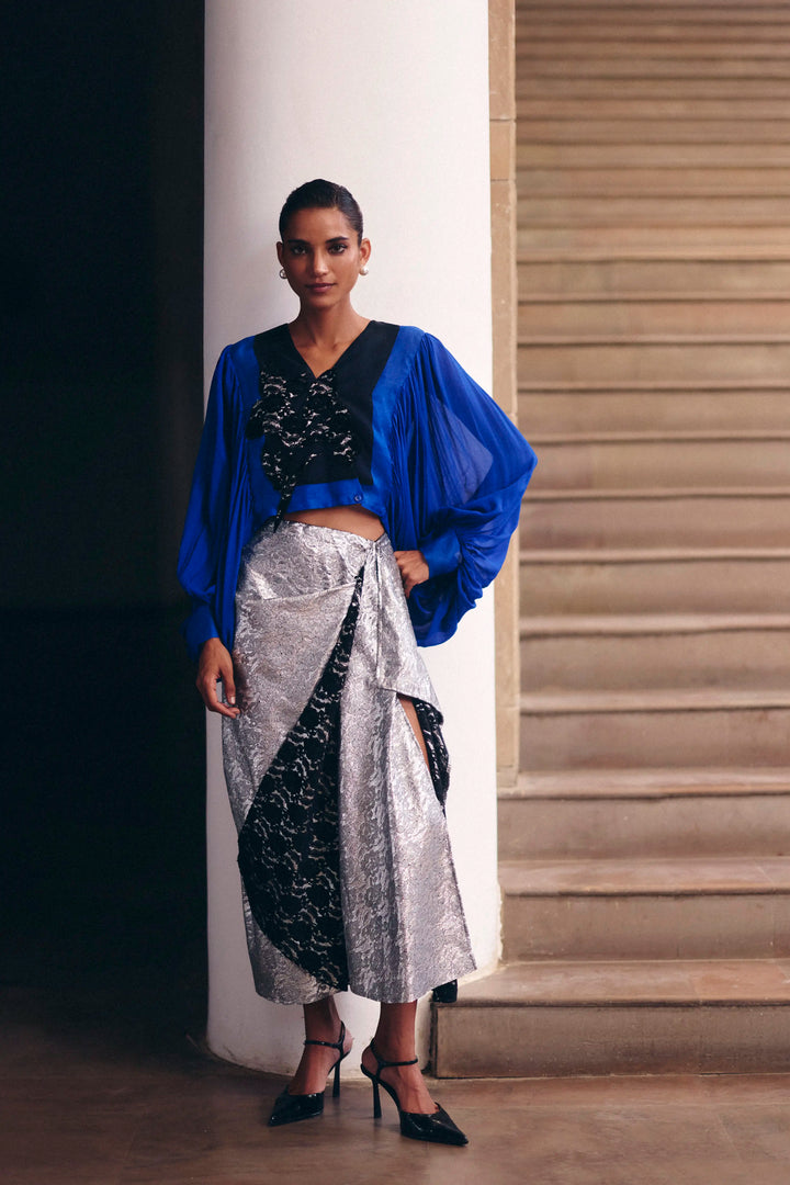 Electric Blue Color Block Crop Shirt With Sliver Drape Skirt