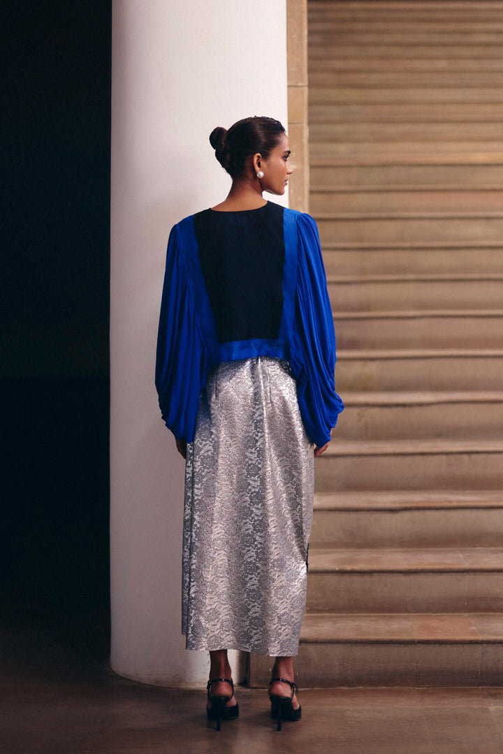 Electric Blue Color Block Crop Shirt With Sliver Drape Skirt