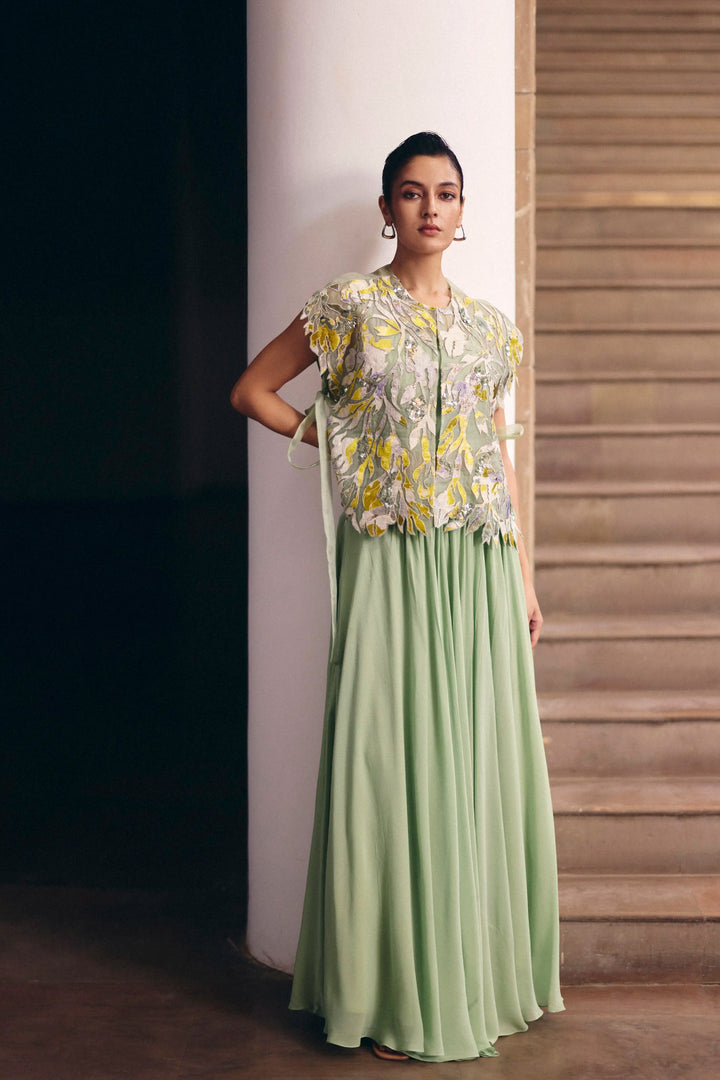 Soft Green Foliage Tie-up Cape With Pleated Skirt Set