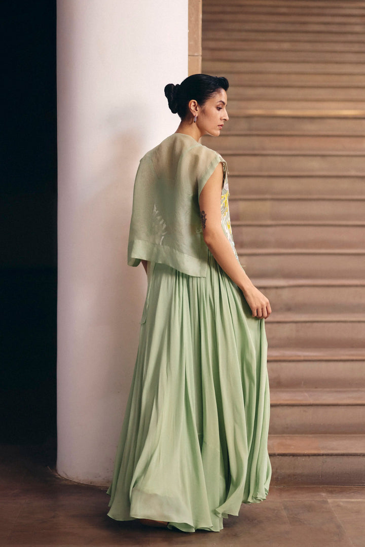 Soft Green Foliage Tie-up Cape With Pleated Skirt Set