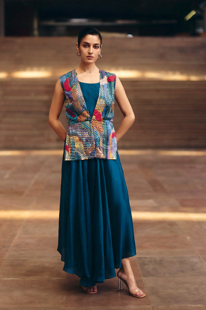 Blue Dreamwave Beaded Peplum Jacket Set