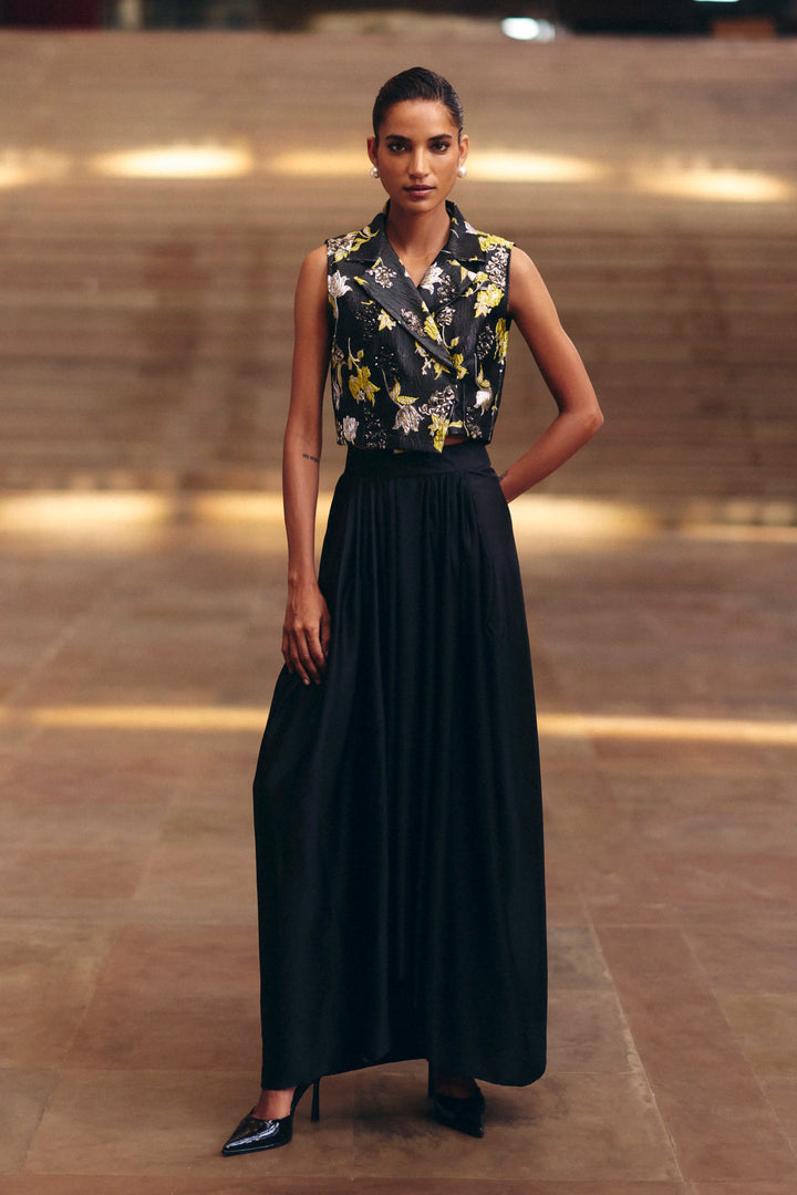 Black Beaded Jacquard Crop Jacket With Skirt