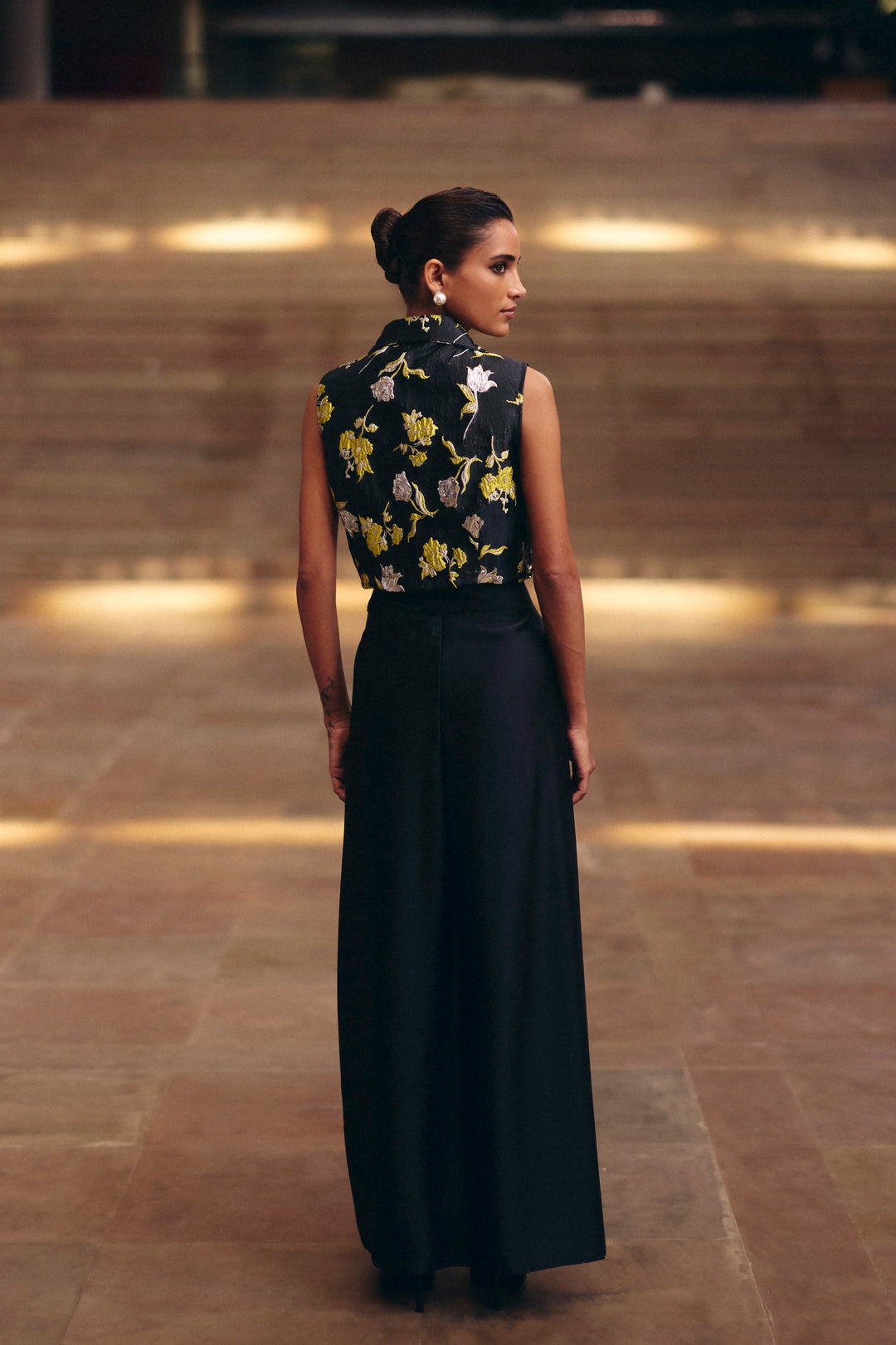 Black Beaded Jacquard Crop Jacket With Skirt
