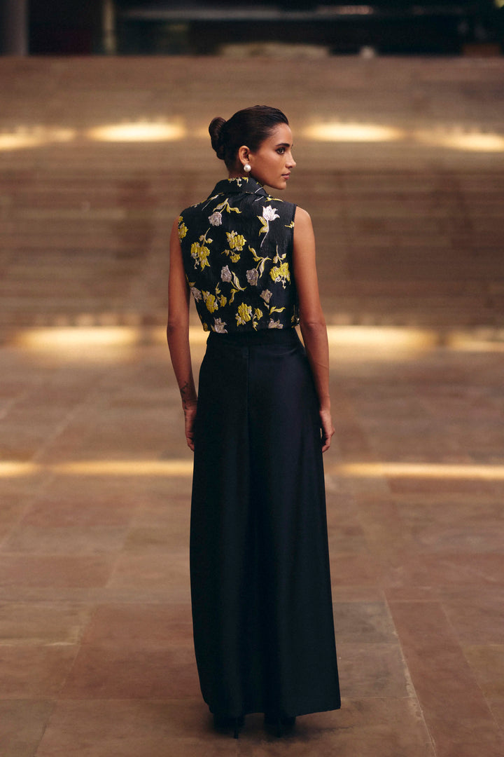 Black Beaded Jacquard Crop Jacket With Skirt