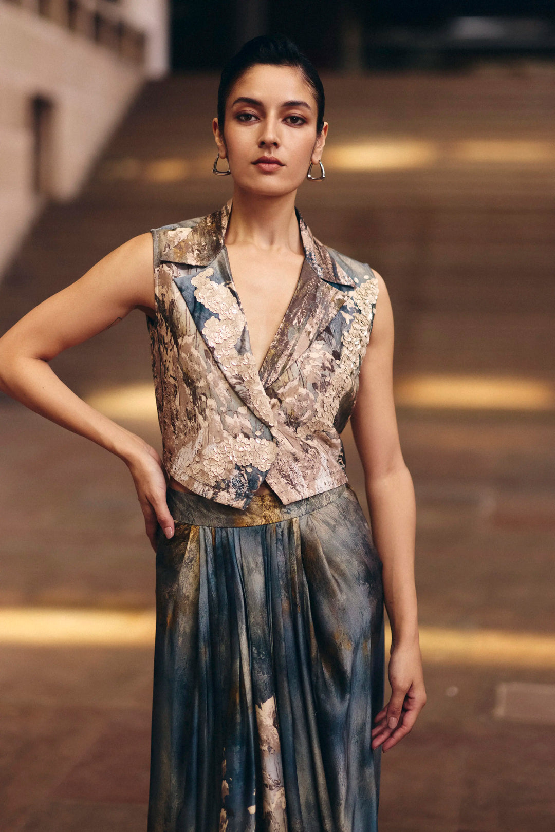 Ash Dusk Crop Jacket With Front Pleated Skirt