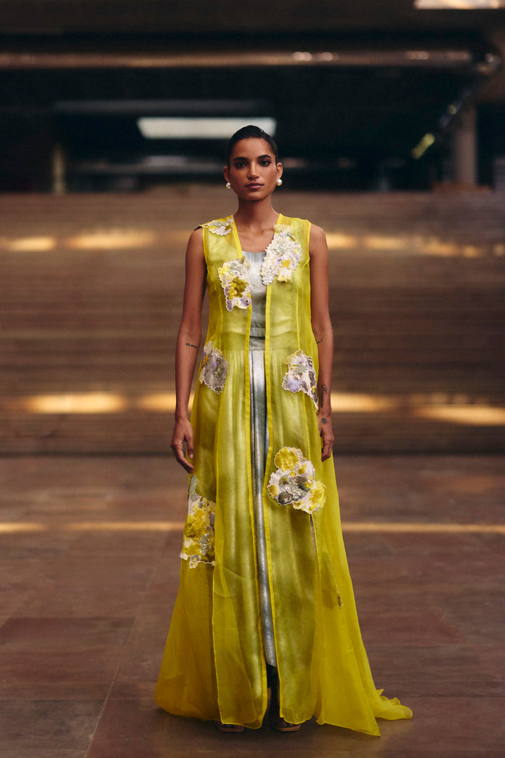 Yellow Jacquard Applique Organza Jacket With Mint Shimmer Skirt Set