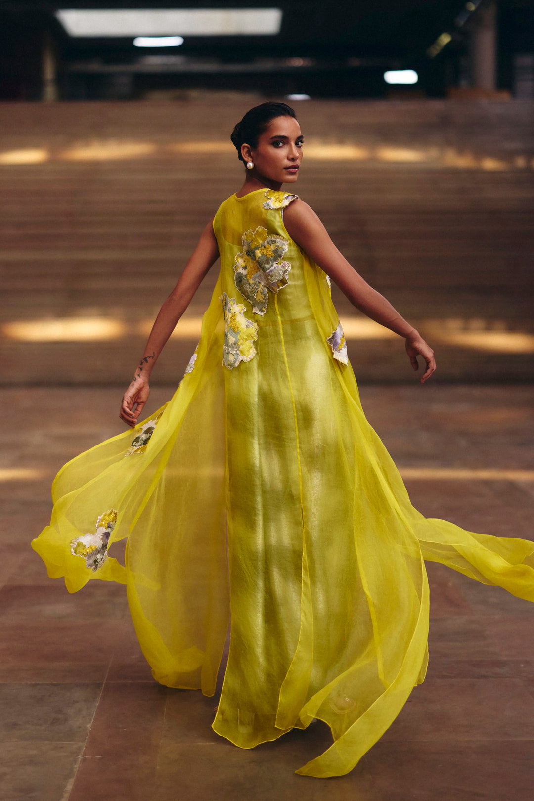 Yellow Jacquard Applique Organza Jacket With Mint Shimmer Skirt Set