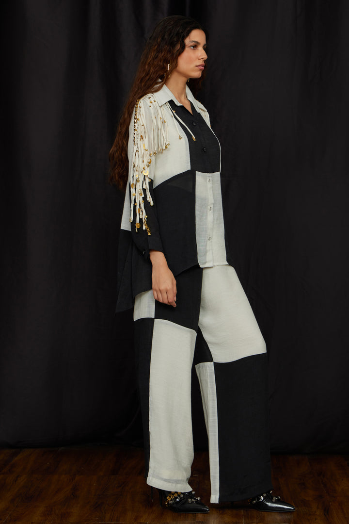 Black & white panelled jhalar shirt set