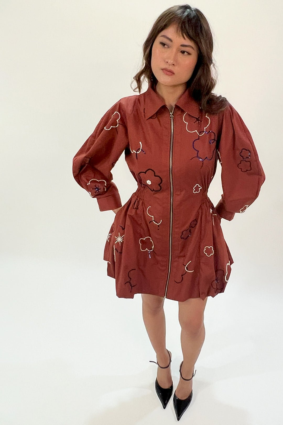 Embroidered bubble hem dress