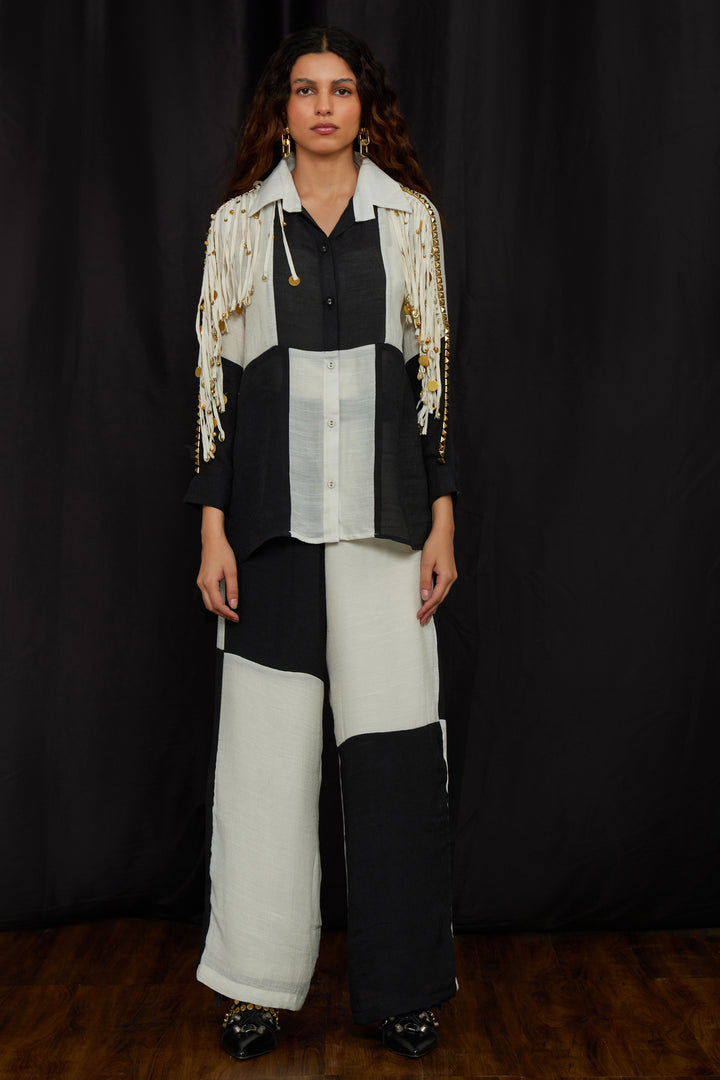 Black & white panelled jhalar shirt set
