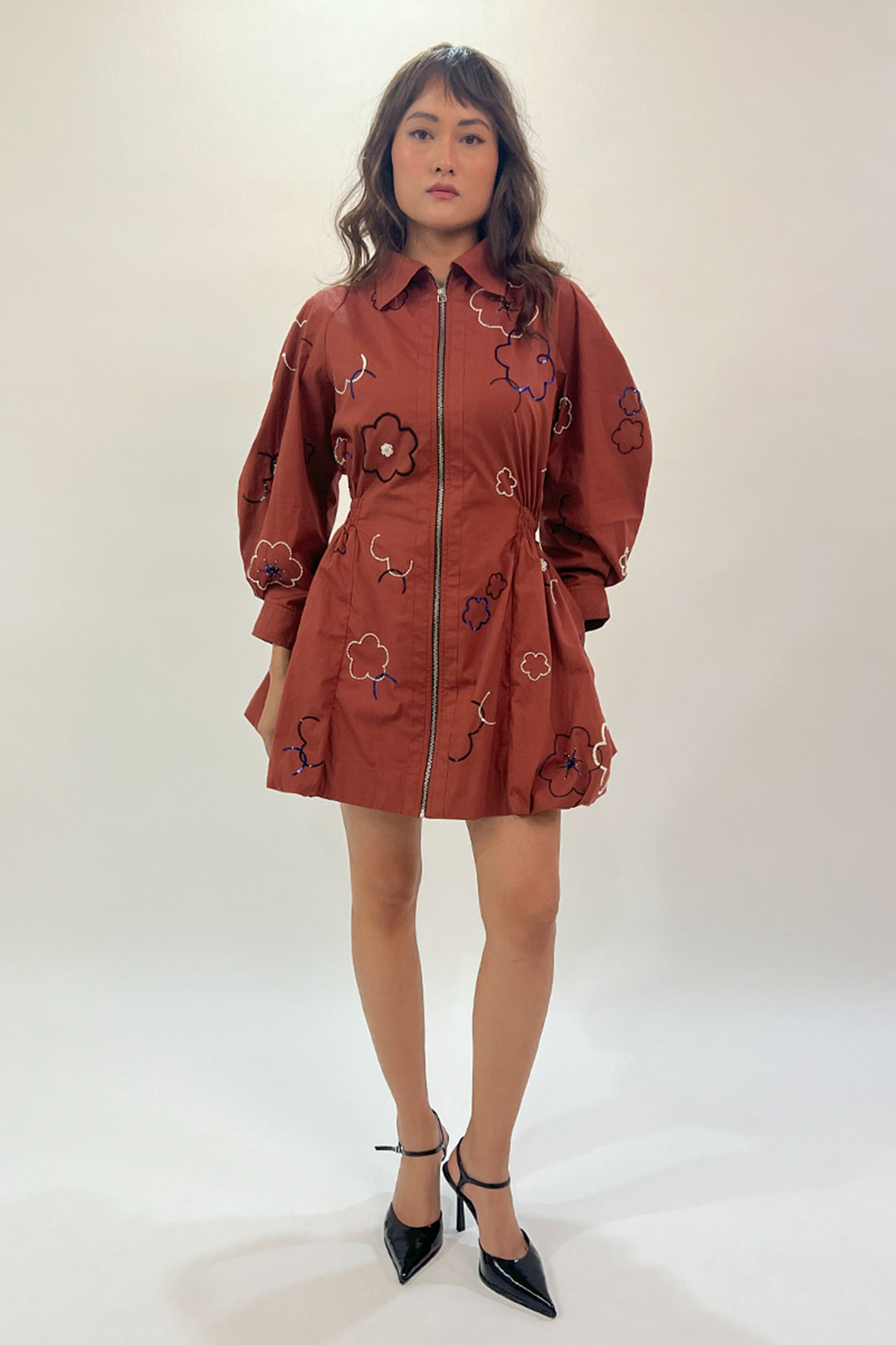 Embroidered bubble hem dress