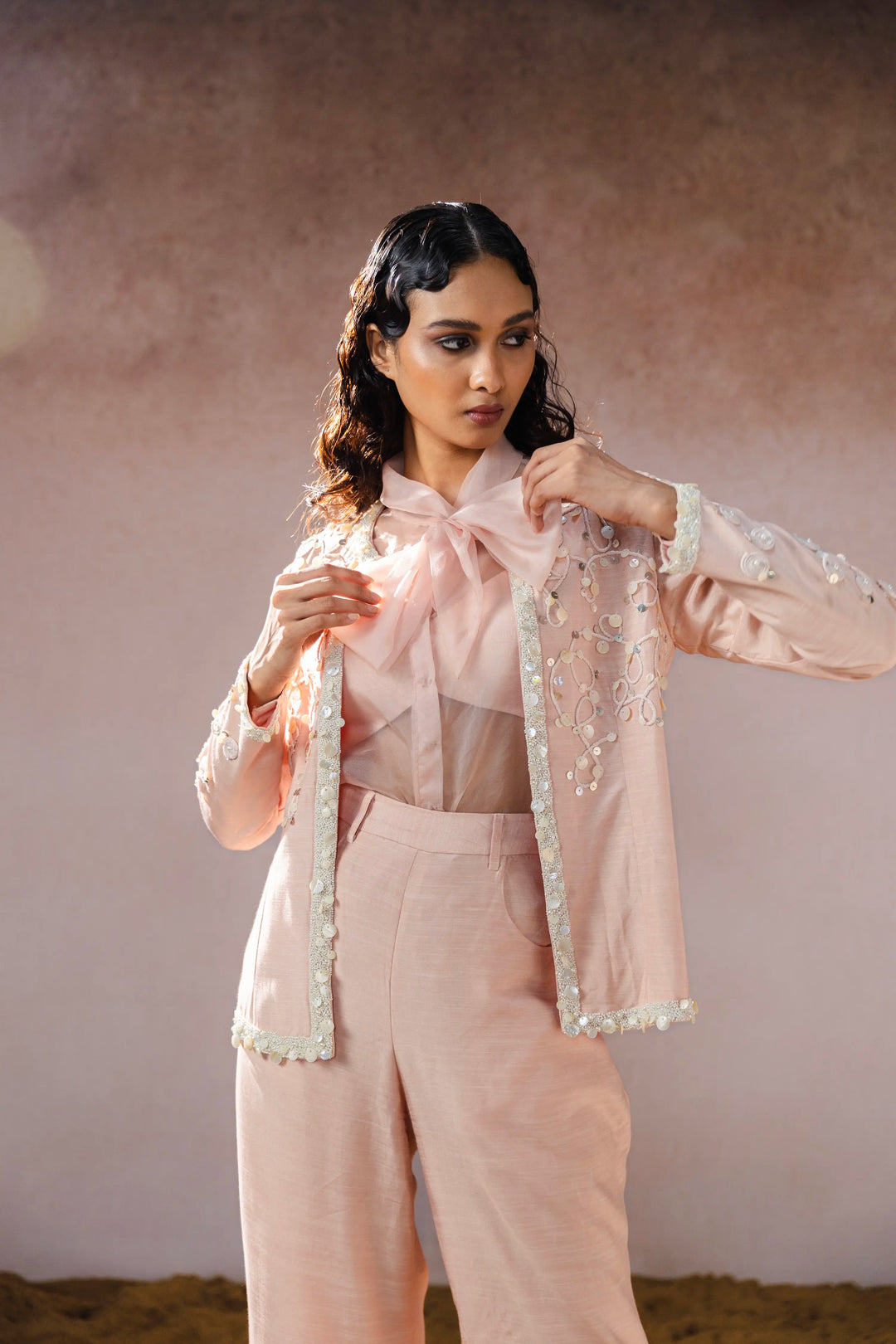 "Elowen" jacket with tie-up shirt, bustier & pants