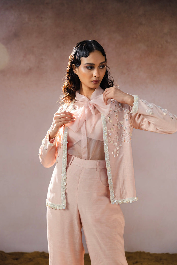 "Elowen" jacket with tie-up shirt, bustier & pants