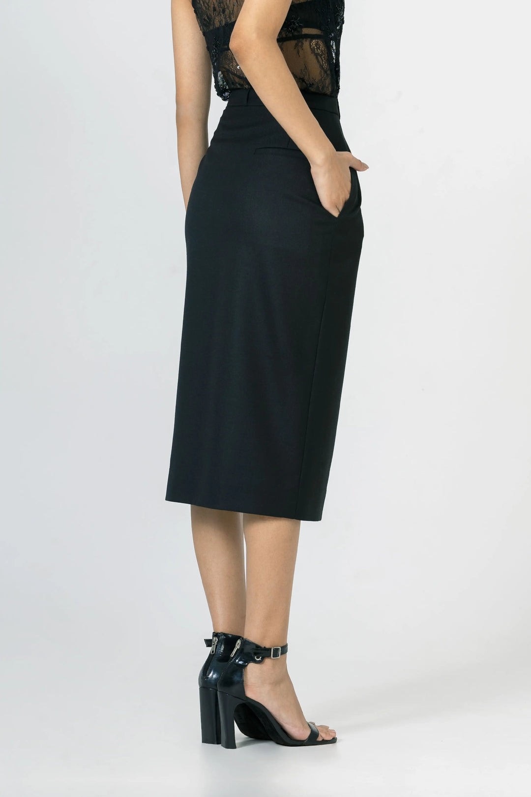 Black Sheer Panel Midi Skirt