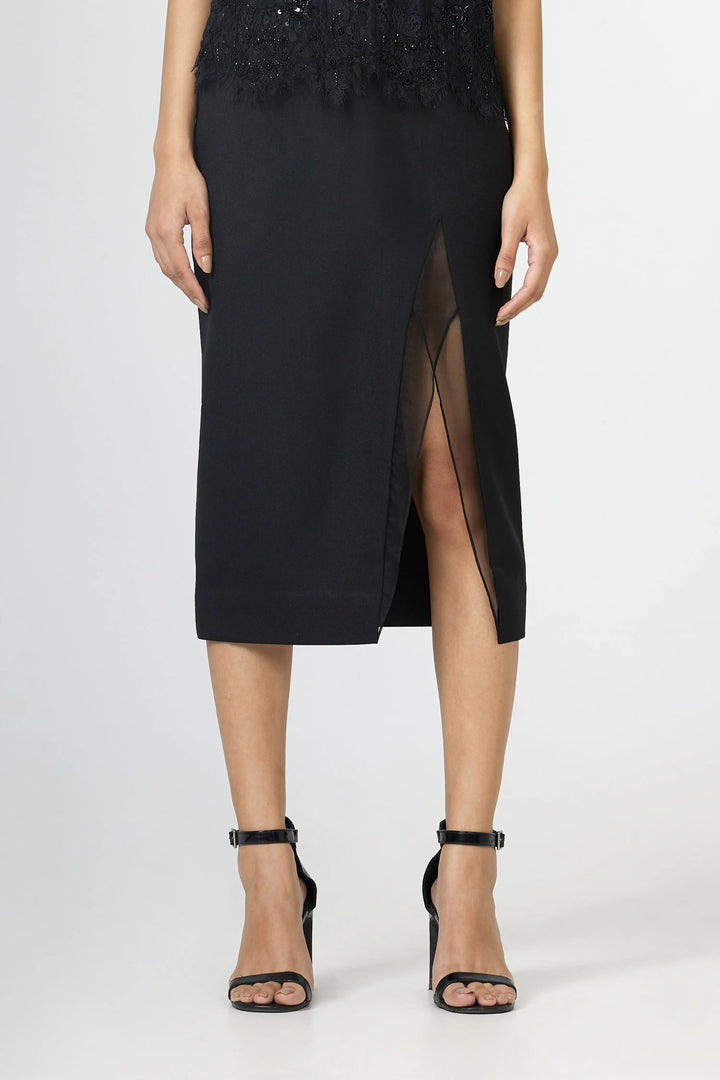 Black Sheer Panel Midi Skirt
