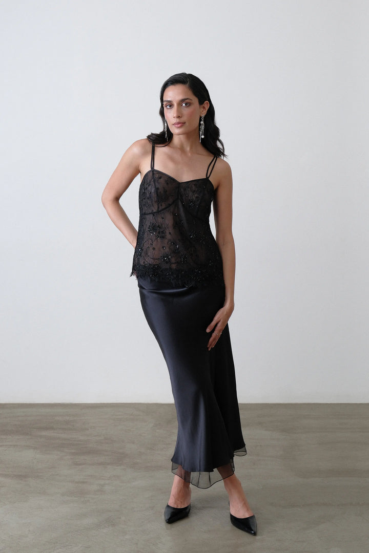 Black Silk Satin Bias Skirt