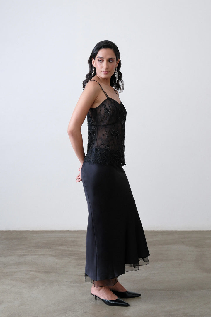 Black Silk Satin Bias Skirt