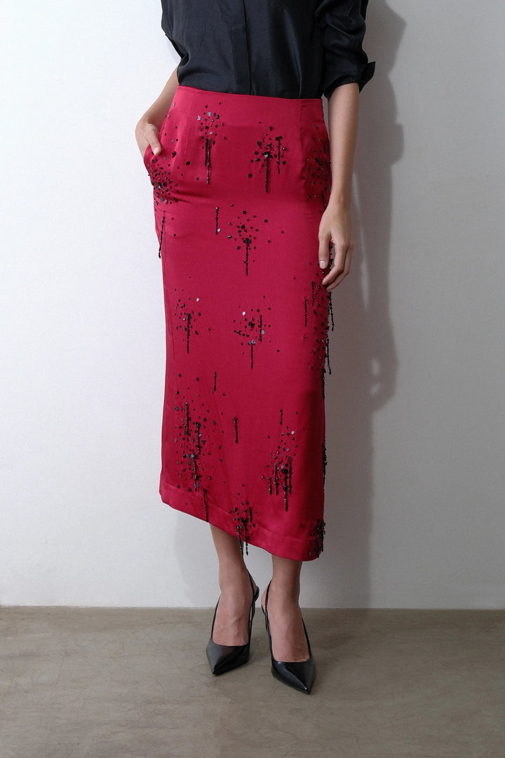 Dark Red Embroidered Silk Midi Skirt