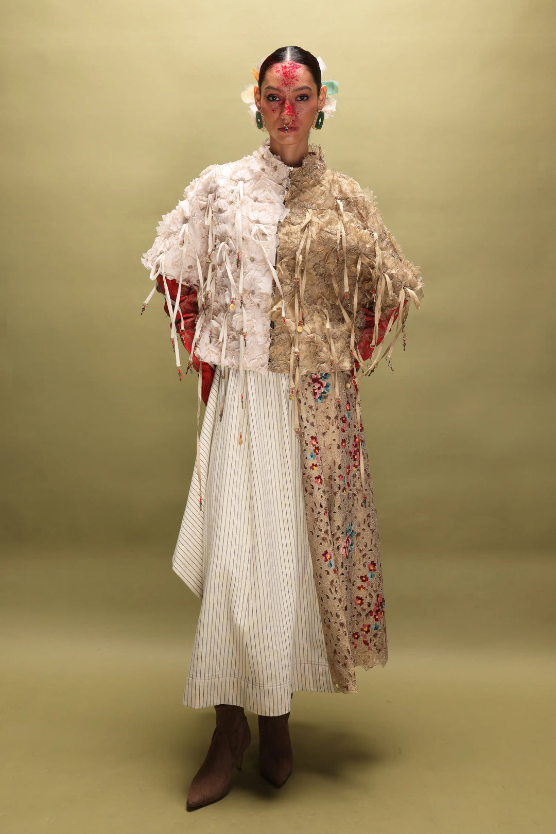 3D Floral Dual Color Jacket With Striped Denim And Emb Gold Panelled Skirt