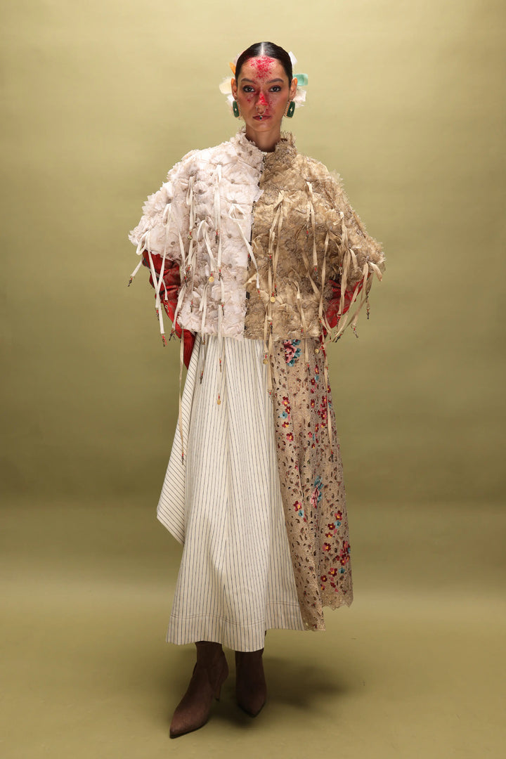 3D Floral Dual Color Jacket With Striped Denim And Emb Gold Panelled Skirt