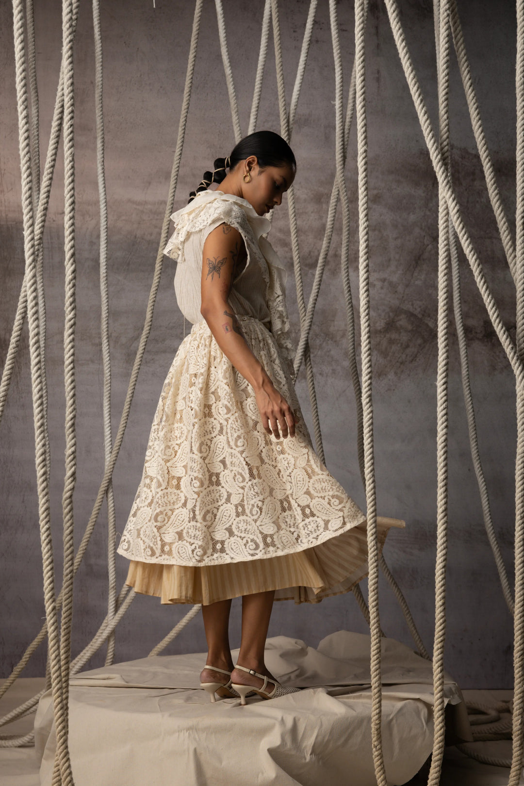 Ivory Lace Overlay Stripe Skirt