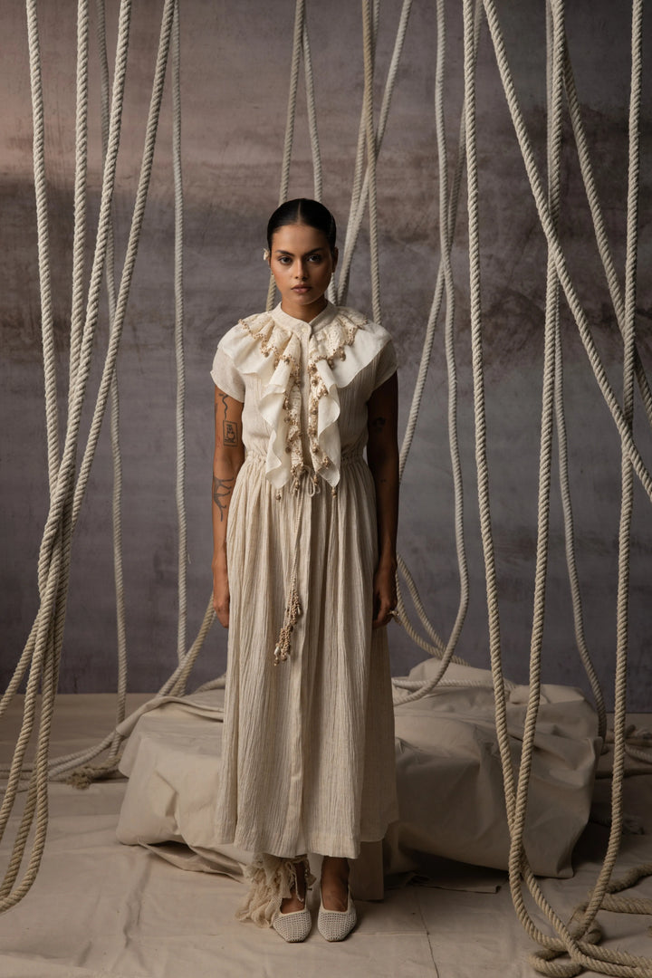 Ivory Flounce Crushed Drawstring Dress