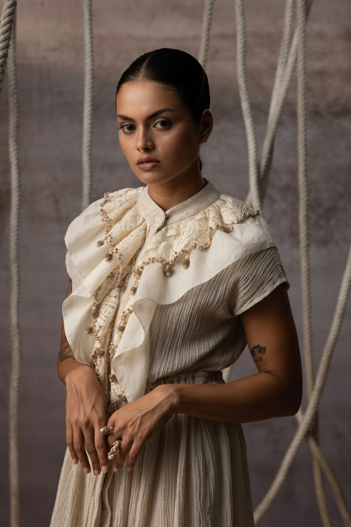 Ivory Flounce Crushed Drawstring Dress