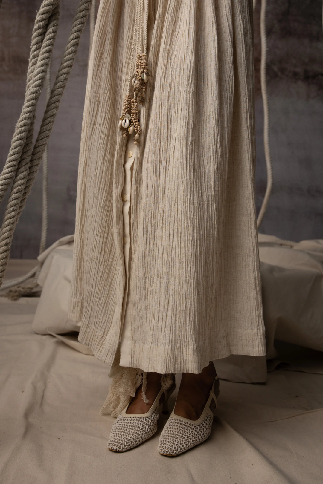 Ivory Flounce Crushed Drawstring Dress