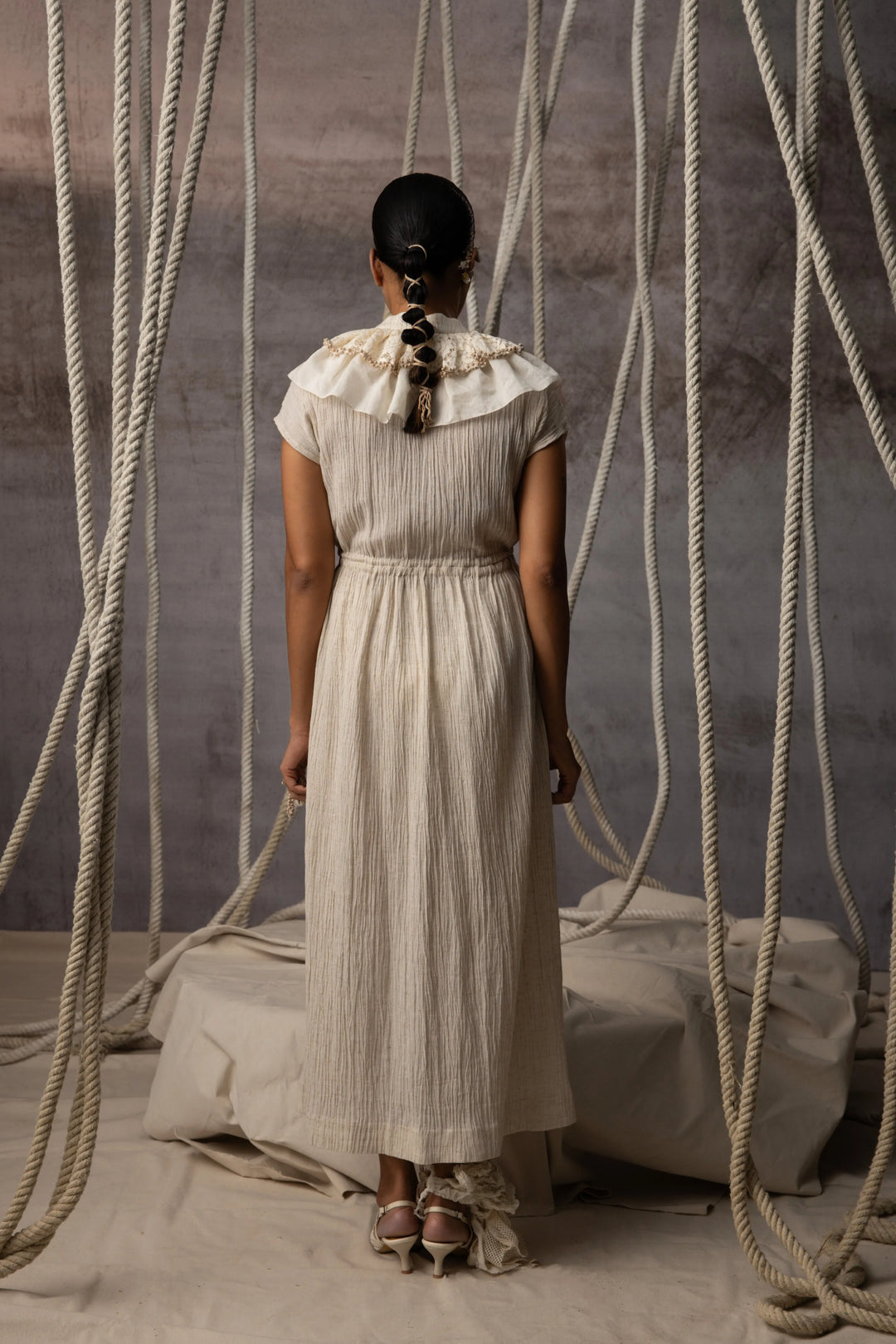 Ivory Flounce Crushed Drawstring Dress